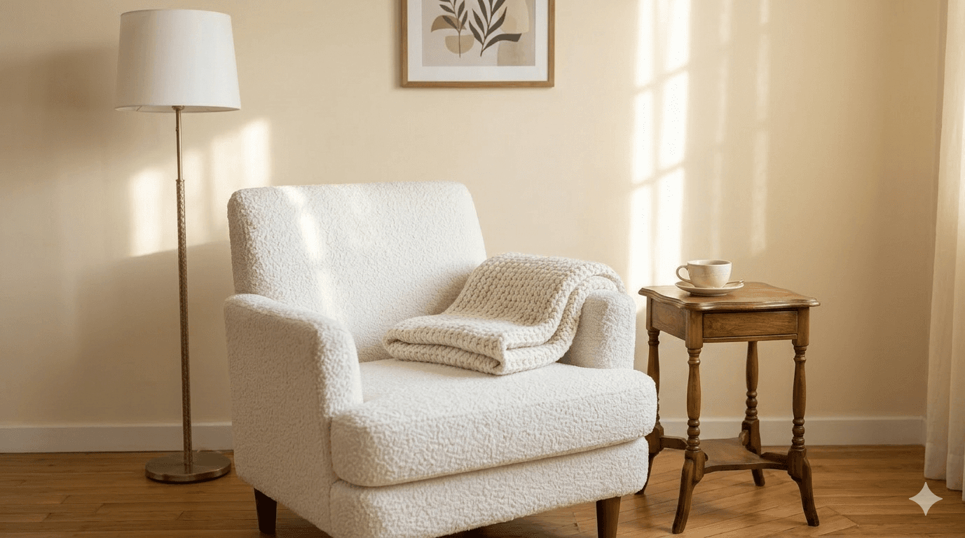 Poltrona em ambiente acolhedor associada ao desenvolvimento prático de recursos emocionais na terapia.